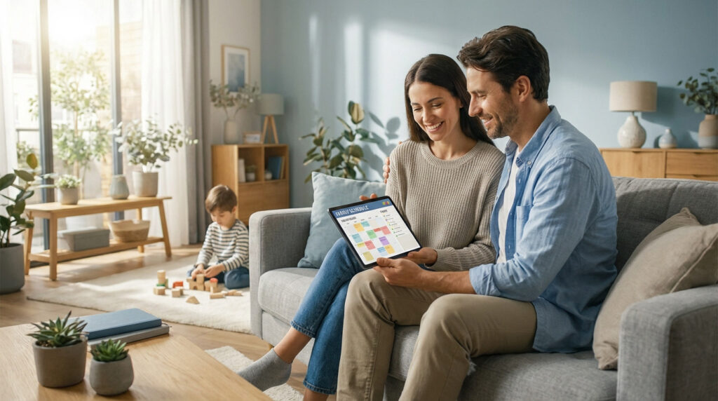 A couple smiles while planning on a tablet in a modern living room, with their child playing quietly in the background.