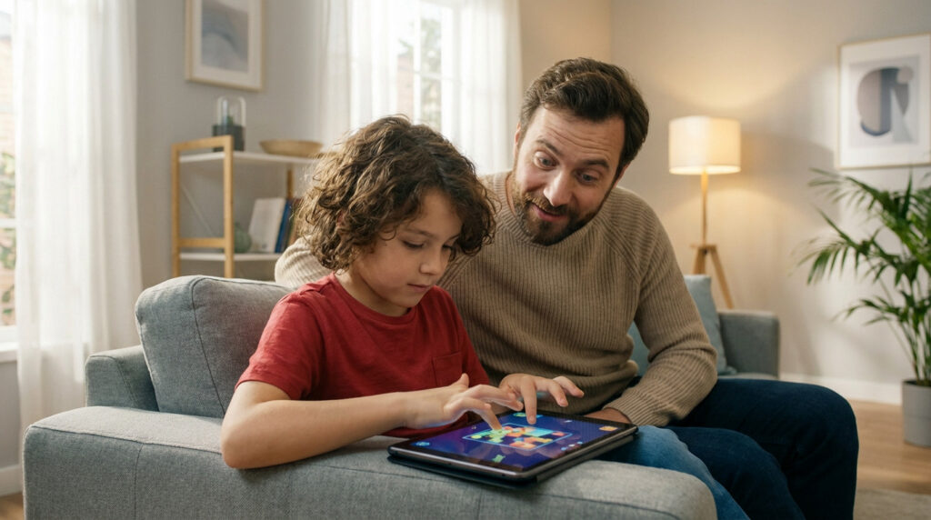 A child expertly plays on a tablet, showing an adult who watches with a bewildered, amused, and impressed expression.