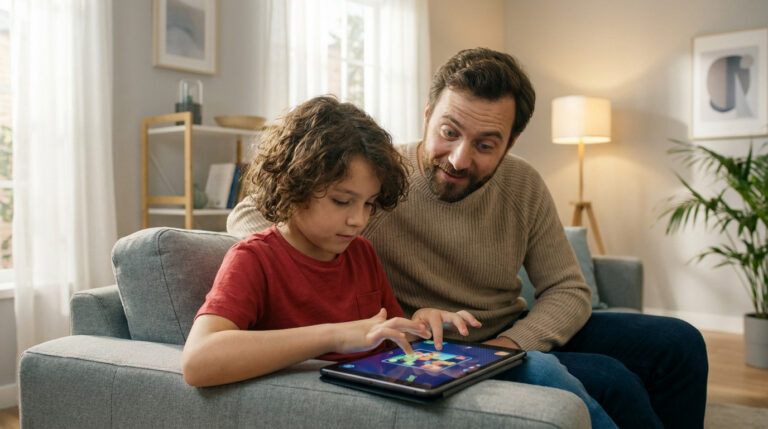 A child expertly plays on a tablet, showing an adult who watches with a bewildered, amused, and impressed expression.