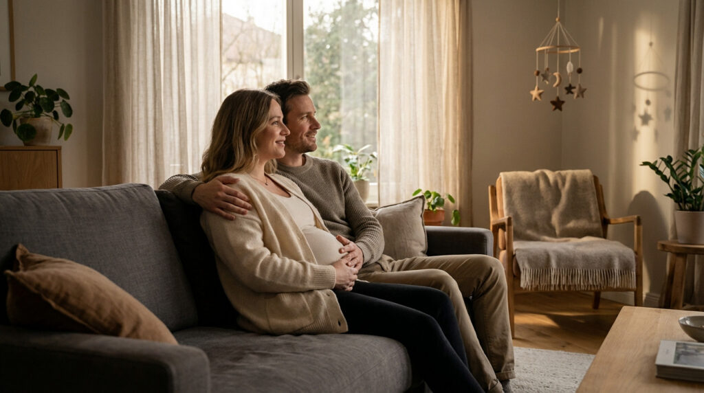 Couple enceinte et souriant sur un canapé, l'homme enlace sa femme qui tient son ventre. Ils regardent vers l'avenir.