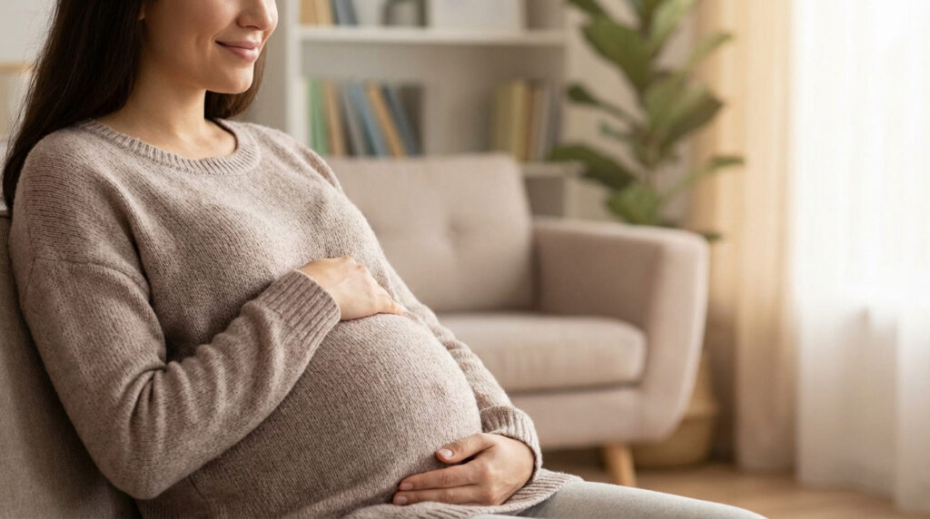 Photo d'une femme enceinte souriante, assise, les mains posées délicatement sur son ventre. Ambiance calme et lumineuse.