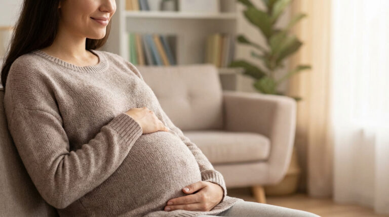 Photo d'une femme enceinte souriante, assise, les mains posées délicatement sur son ventre. Ambiance calme et lumineuse.